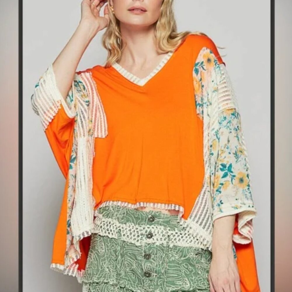 POL Orange Floral  Patchwork Tunic Kimono Top, Boho Oversized Fit Medium  NWOT